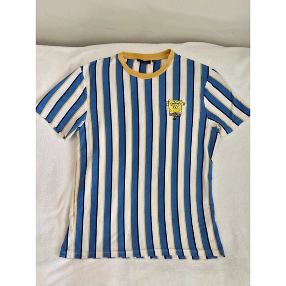 Nickelodeon SpongeBob Blue Yellow Striped T-Shirt Embroidered Bob, Boys Large - Picture 2 of 13